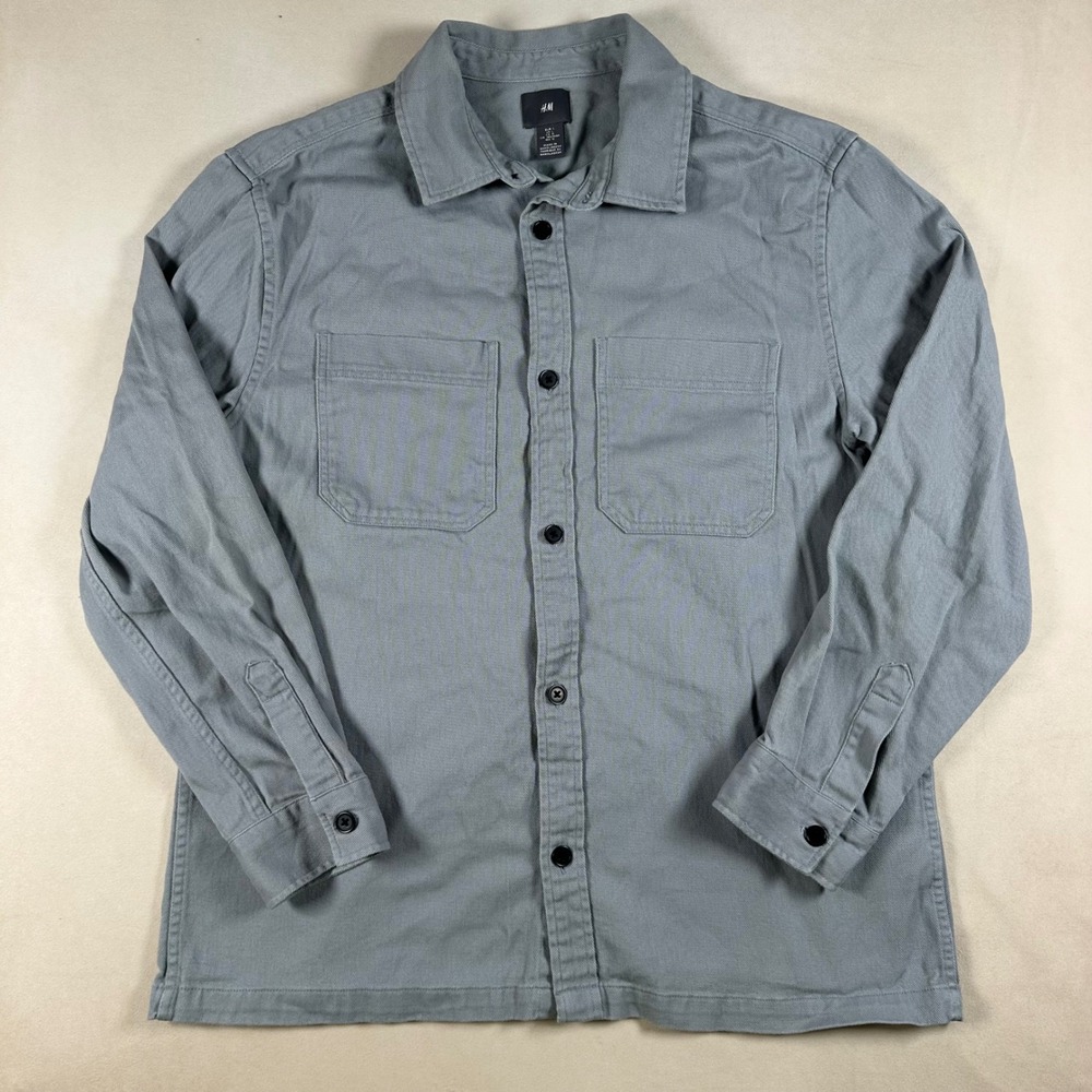 H&M Utility Shirt Mens Large Twill Button Down Gray Green Long Sleeve Workwear